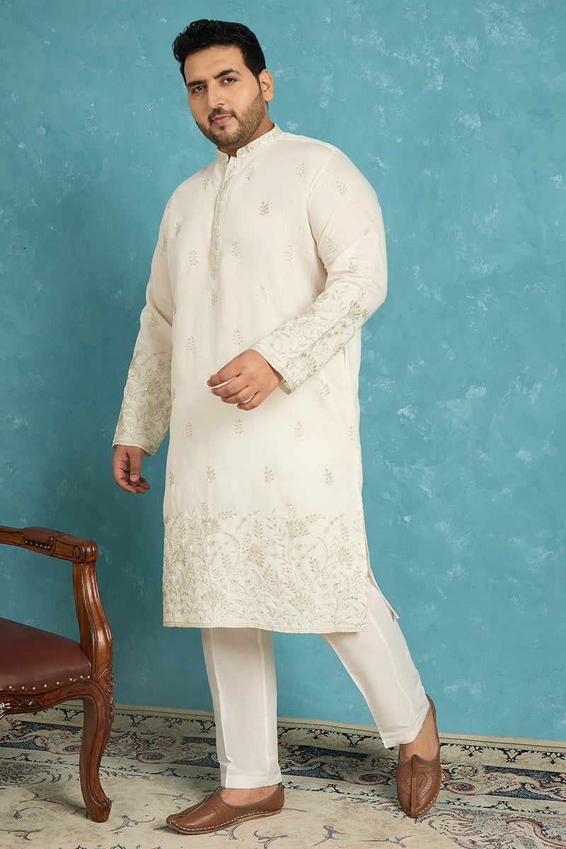 White Silk Blend Floral Thread Work Embroidered Kurta MKU1784