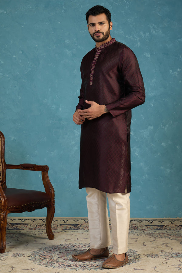 Purple Silk Blend Woven Design Straight Kurta With Trouser MKSET1835