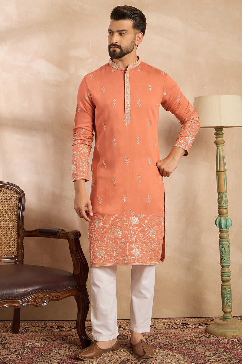 Peach Vartican Solid Embroidered Straight Kurta With Trouser MKSET1935