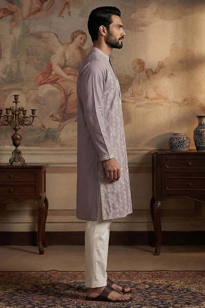 Silk Blend Lavender Solid Embroidered Calf Length Straight Kurta With Trousers MKSET2090