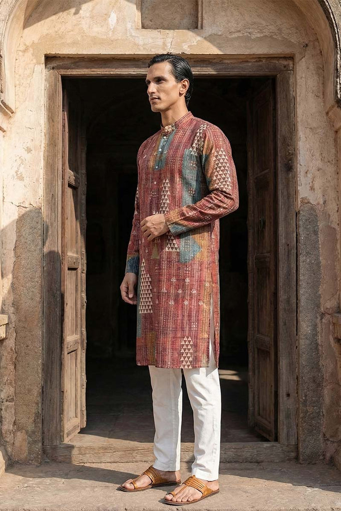 Brown Silk Blend Printed Straight Kurta With Trousers MKSET2177