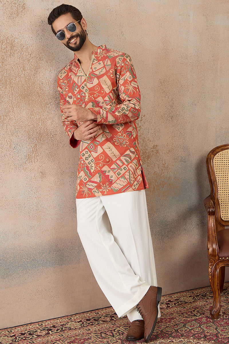 Coral Silk Blend Abstract Embroidered Kurta MKU2458