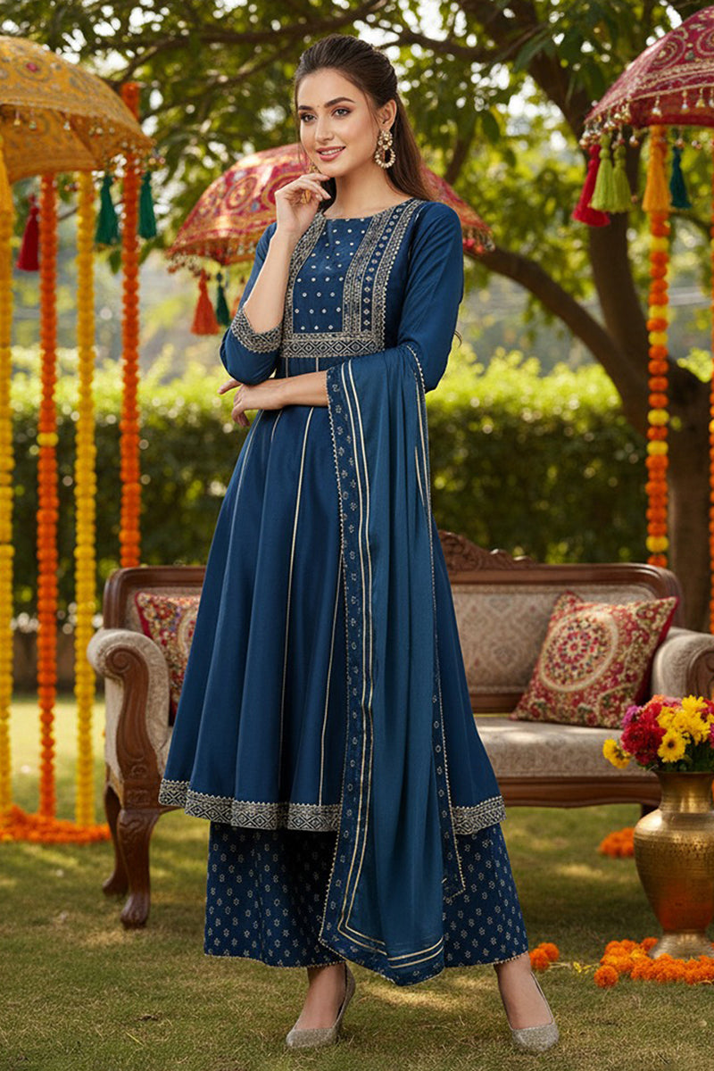 Teal Silk Blend Ethnic Motifs Anarkali Suit Set PKSKD1930