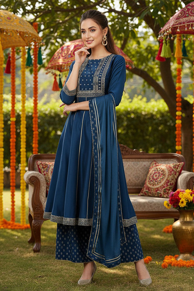Teal Silk Blend Ethnic Motifs Anarkali Suit Set PKSKD1930