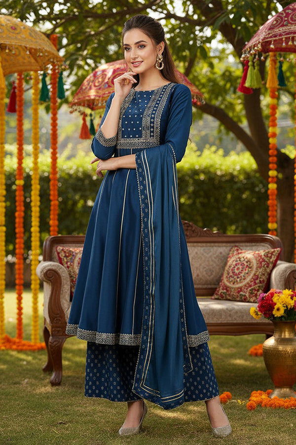 Teal Silk Blend Ethnic Motifs Anarkali Suit Set PKSKD1930