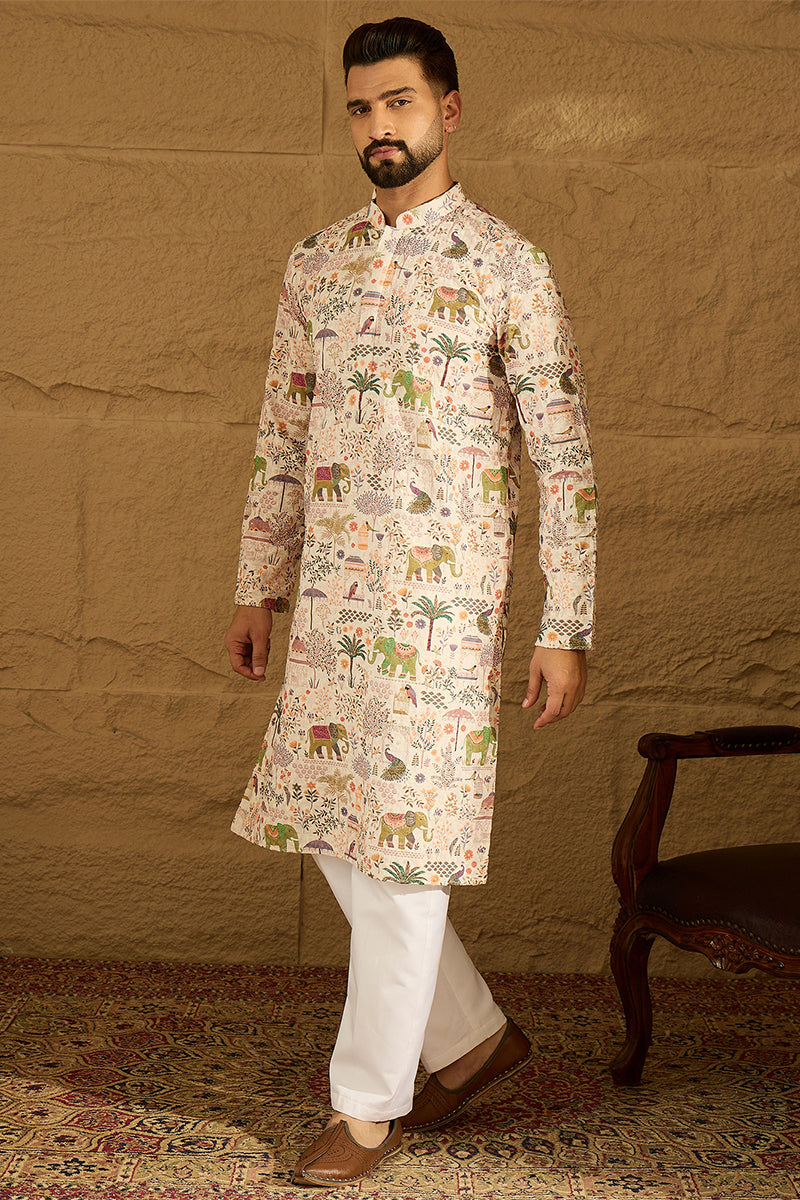 Cream Viscose Rayon Ethnic Motifs Printed Straight Kurta MKU1616