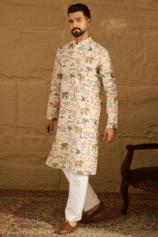 Cream Viscose Rayon Ethnic Motifs Printed Straight Kurta MKU1616