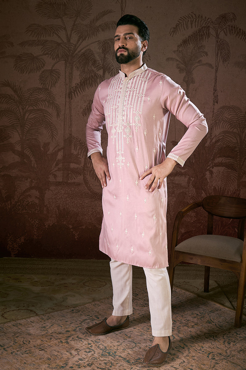 Pink Silk Blend Solid Embroidered Straight Kurta MKU1788