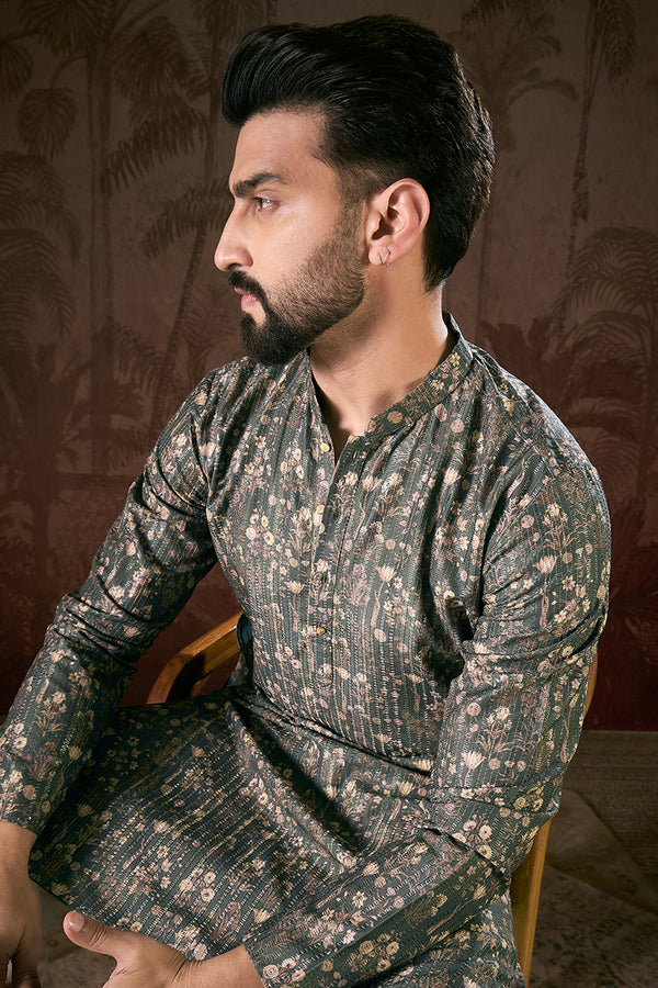 Olive Silk Blend Floral Printed Straight Kurta MKU1911