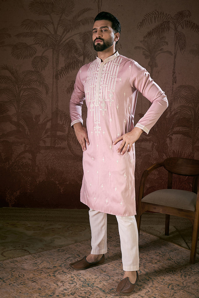 Pink Silk Blend Solid Embroidered Straight Kurta With Trouser MKSET1788