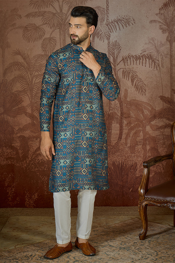 Multi Linen Geometric Printed Kurta With Trouser MKSET2435