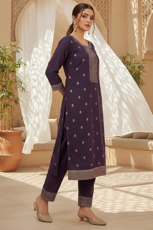 Purple Silk Blend Ethnic Motifs Stoning Straight Kurta Trouser with Dupatta SKSKD3091