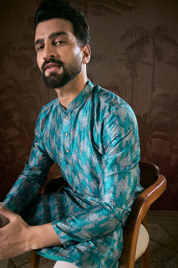 Turquoise Blue Silk Blend Chevron Printed Straight Kurta MKU1916