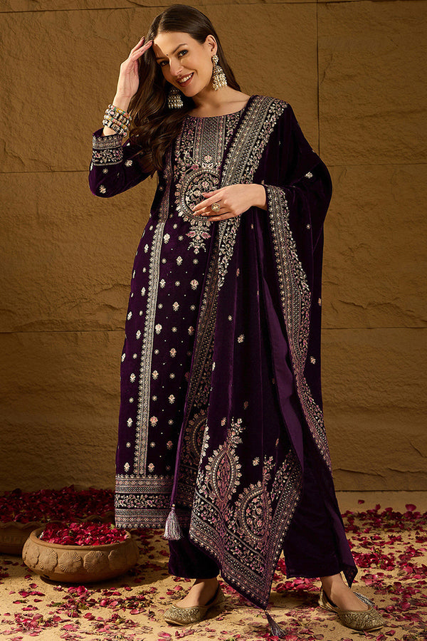 Purple Velvet Ethnic Motifs Printed Straight Trousers Suit Set PKSKD2883
