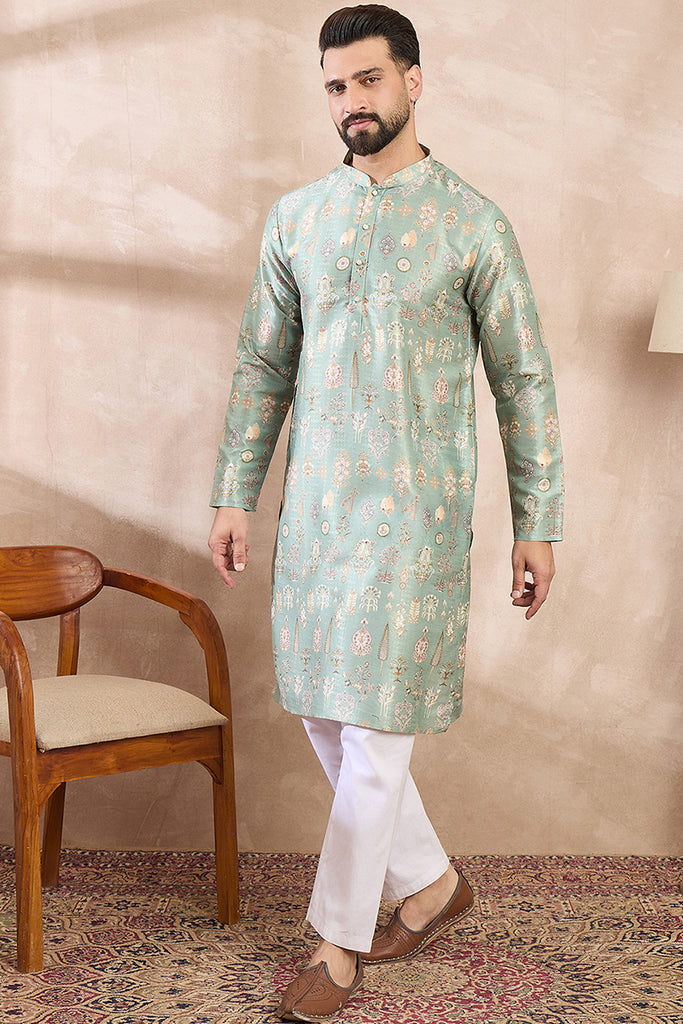 Green Silk Blend Floral Printed Straight Kurta MKU2011