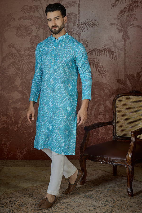 Blue Linen Bandhani Print Regular Kurta MKU2430