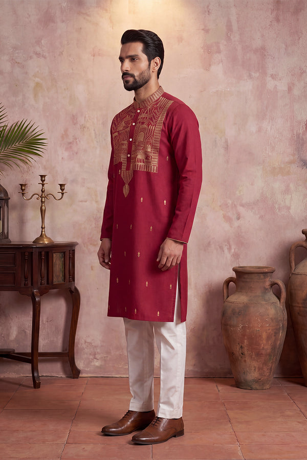 Red Silk Blend Solid Emboidered Straight Kurta MKU2375