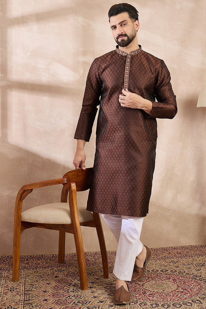 Brown Silk Blend Solid Woven Design Straight Kurta With Trouser MKSET1855