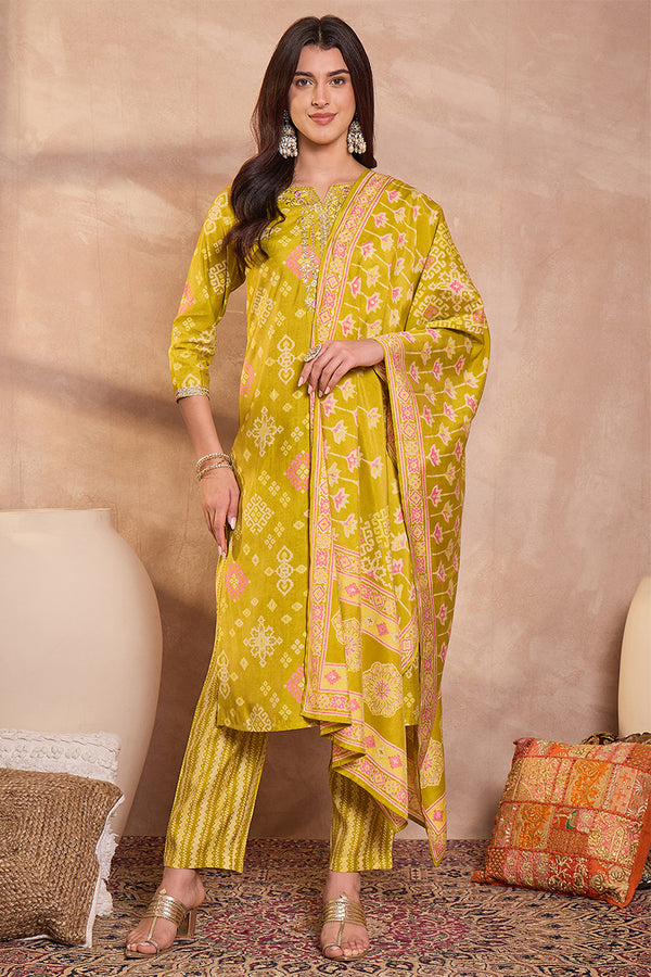 Silk Blend Ethnic Motifs Printed Yellow Kurta And Trousers With Dupatta PKSKD3232