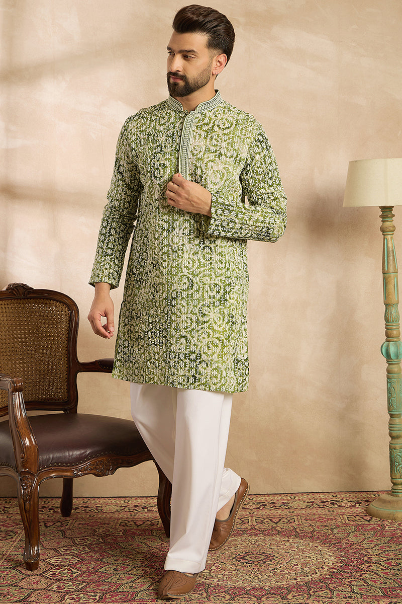 Green Viscose Rayon Batik Embroidered Straight Kurta MKU1717