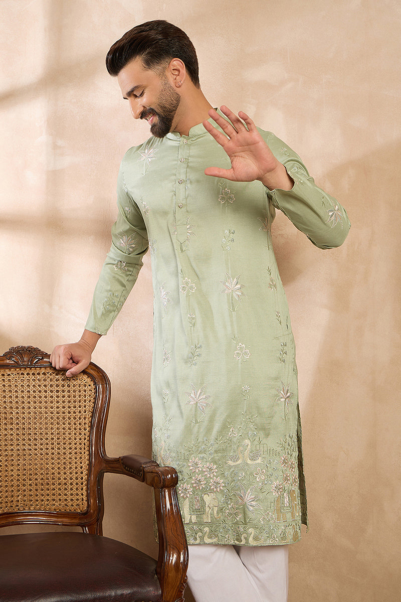 Olive Silk Blend Solid Embroidered Straight Kurta MKU1682