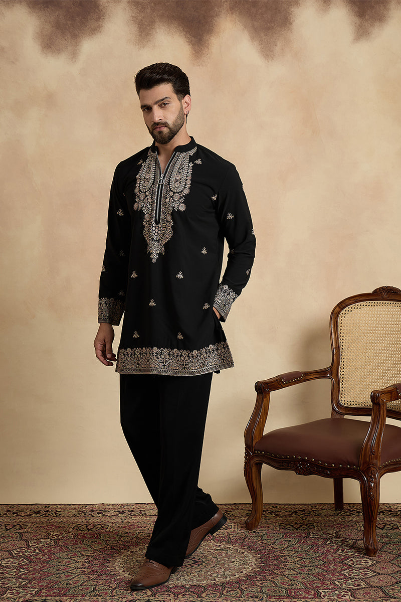 Black Silk Blend Solid Embroidered Kurta MKU2376