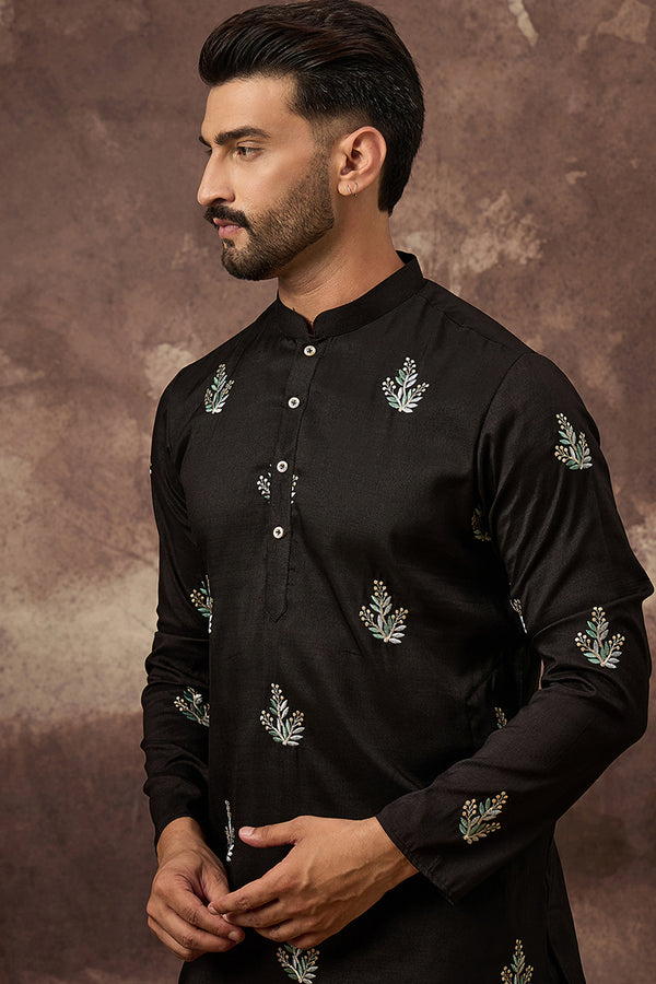 Black Silk Blend Solid Embroidered Straight Kurta with Trouser MKSET1348