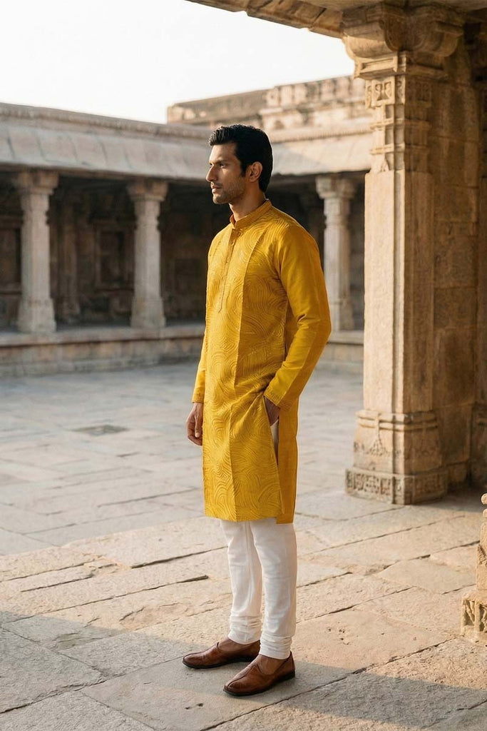 Yellow Silk Blend Embroidered Straight Kurta MKU2073