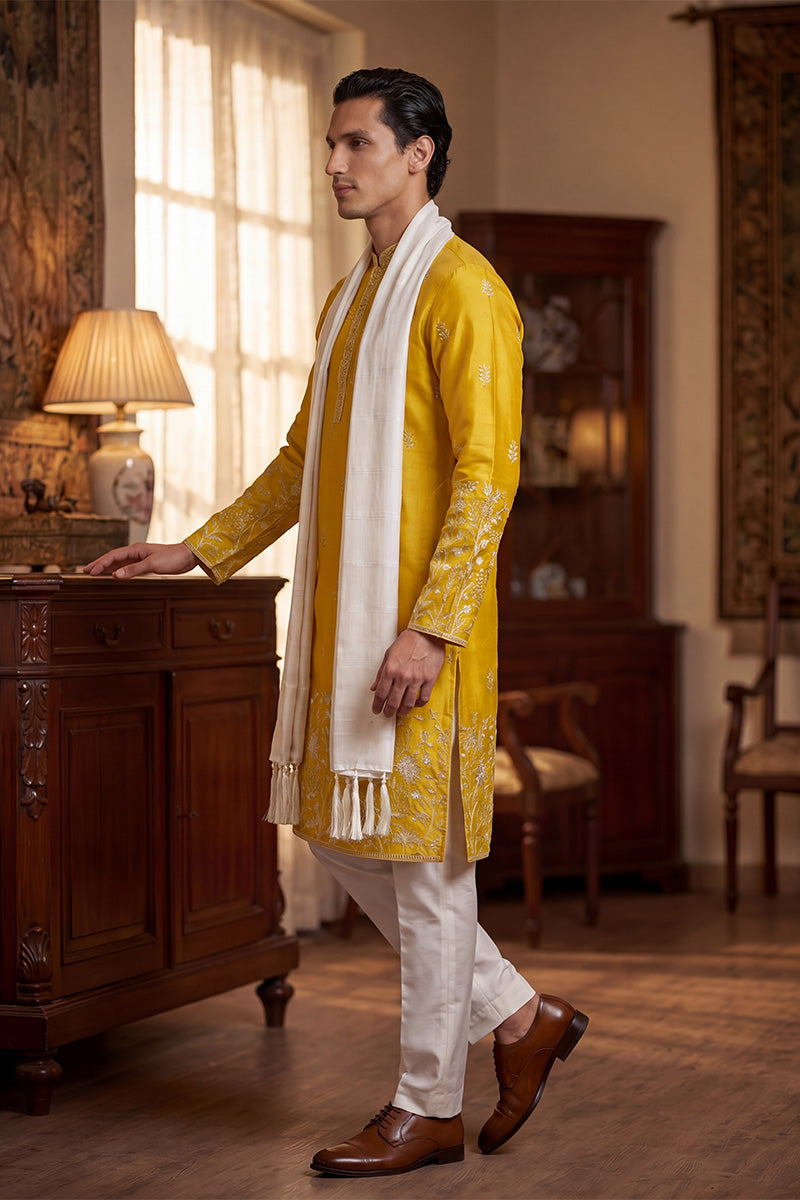 Yellow Chanderi Silk Solid Embroidered Straight Kurta with Dupatta MKUD1314