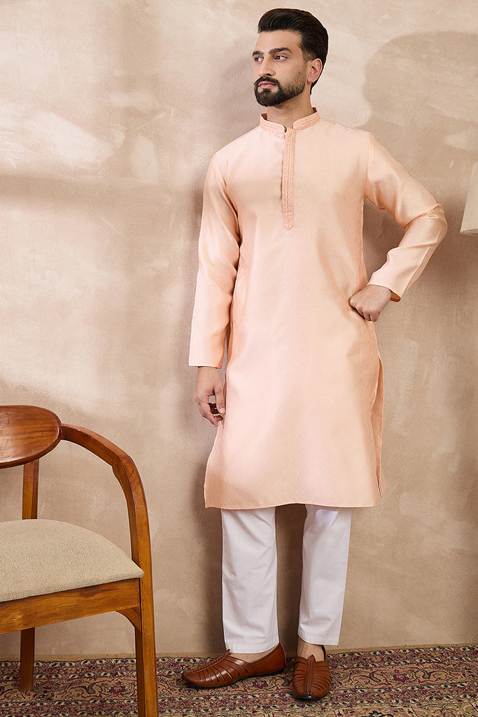 Peach Silk Blend Solid Embroidered Straight Kurta MKU1739