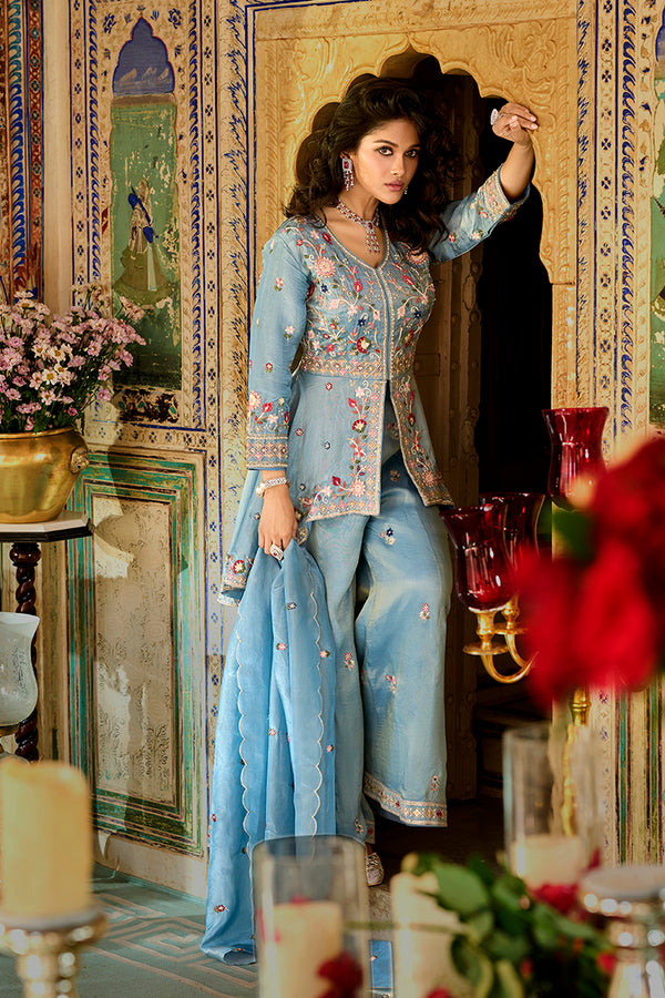 Blue Solid Embroidered Straight Kurta Palaazo with Dupatta PKSKD3002
