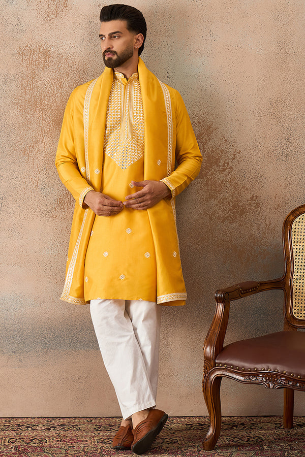 Yellow Silk Blend Solid Embroidered Kurta And Trouser With Dupatta MKPD1015
