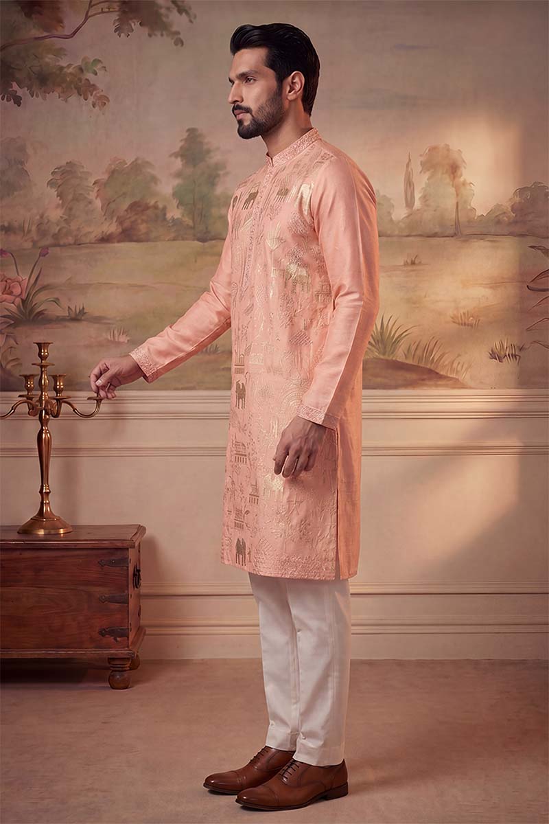 Peach Viscose Rayon Solid Embroidered Kurta MKU2092