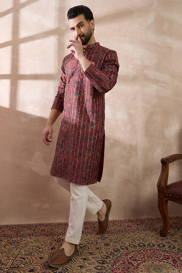 Maroon Silk Blend Printed Mandarin Collar Straight Kurta MKU2025