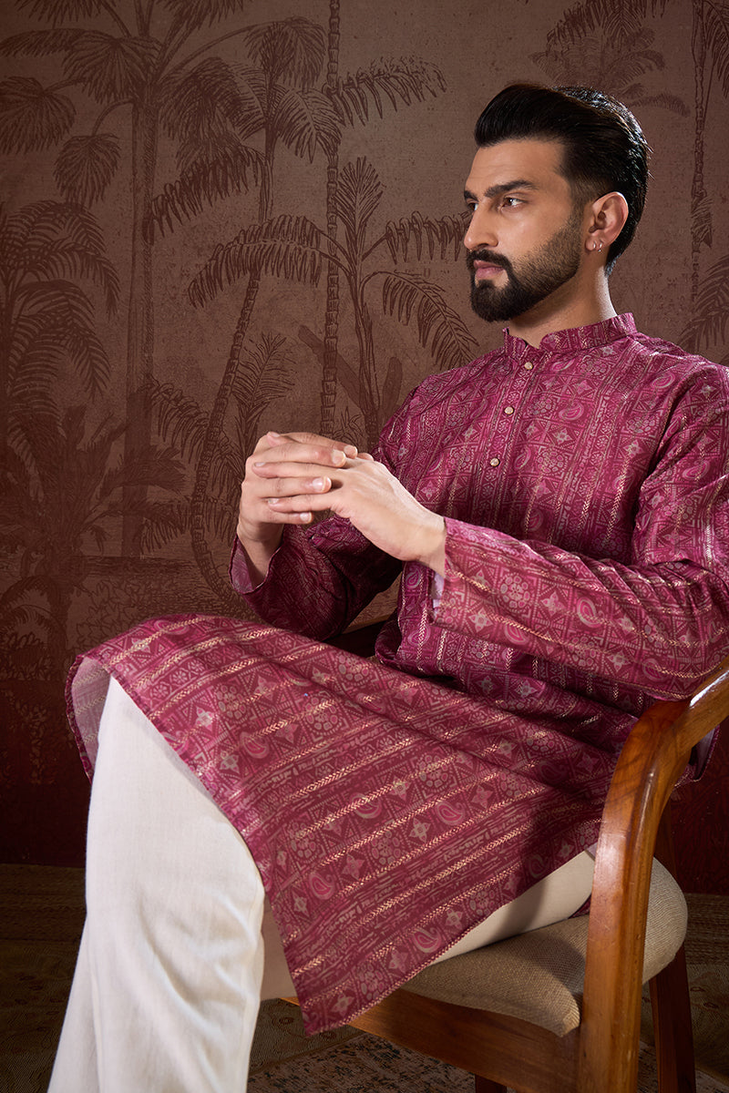 Maroon Silk Blend Ethnic Motifs Printed Straight Kurta With Trouser MKSET1928