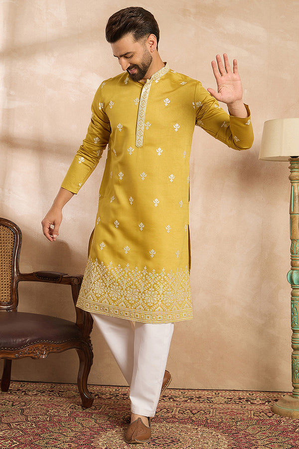 Yellow Polyester Solid Embroidered Straight Kurta With Trouser MKSET1809