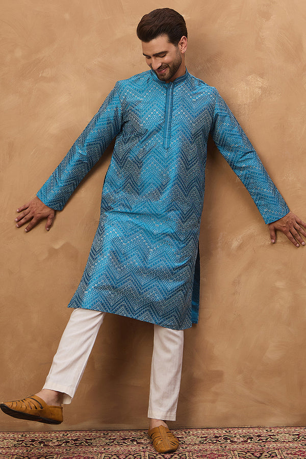 Blue Silk Blend Geometric Printed Straight Kurta With Pant Set MKSET1531