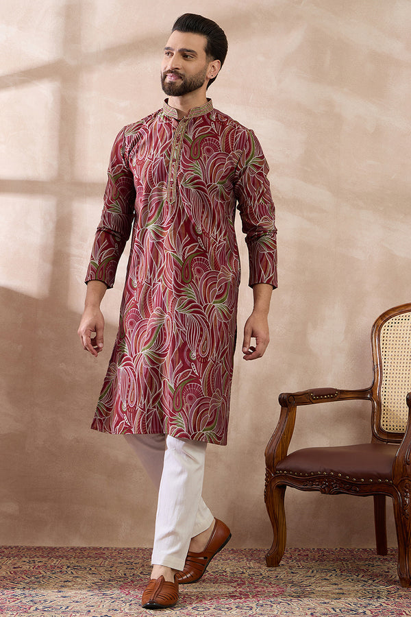 Red Silk Blend Printed Mandarin Collar Straight Kurta With Trouser MKSET1959