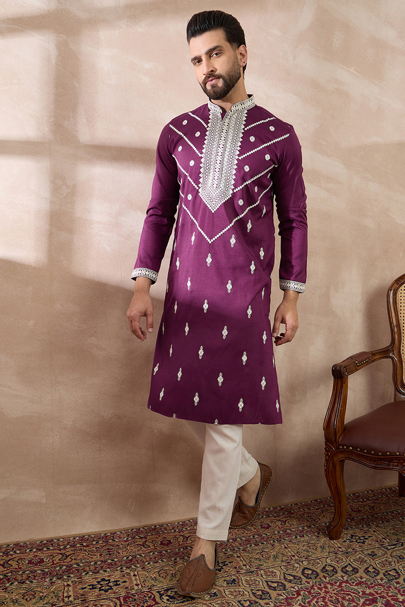 Purple Silk Blend Embroidered Mandarin Collar Straight Kurta With Trouser MKSET1789