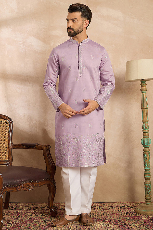 Lavender Silk Blend Floral Embroidered Straight Kurta MKU1781