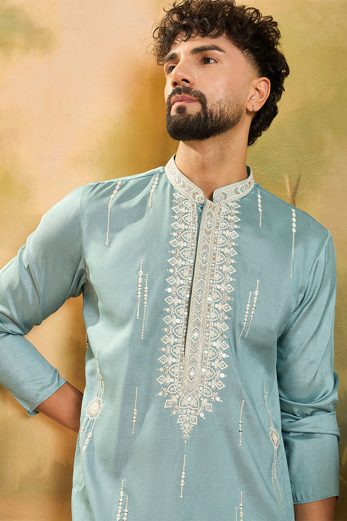 Blue Silk Blend Solid Embroidered Straight Kurta with Trouser MKSET1490