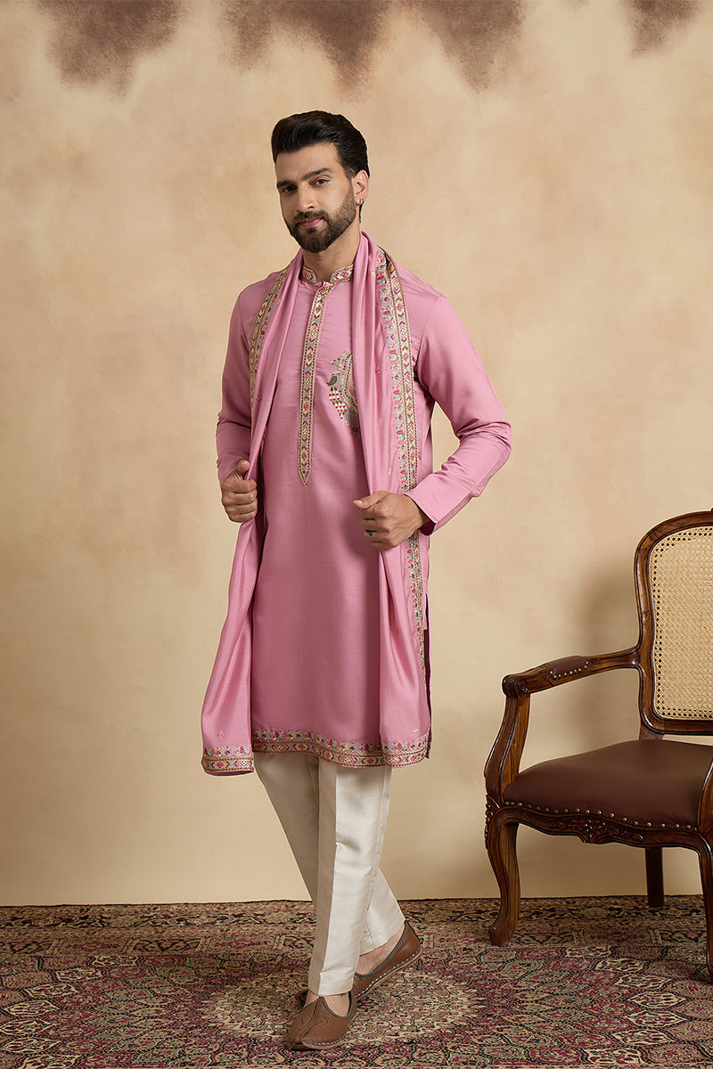 Pink Silk Blend Solid Embroidered Kurta With Dupatta MKUD1071