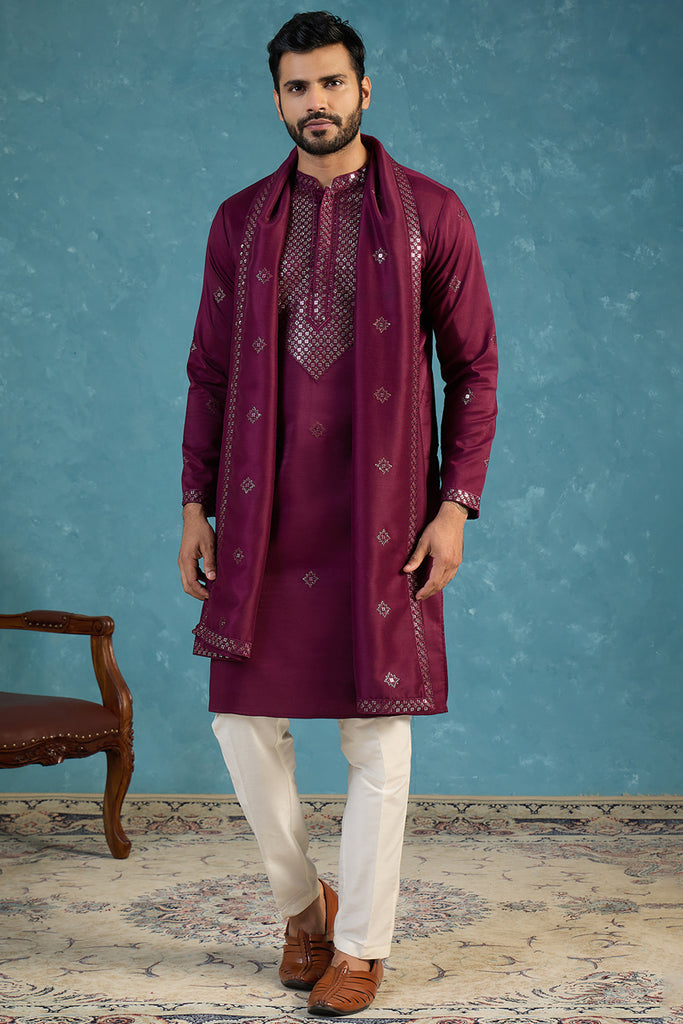Purple Silk Blend Ethnic Motifs Embroidered Kurta&Dupatta With Trouser MKPD1076