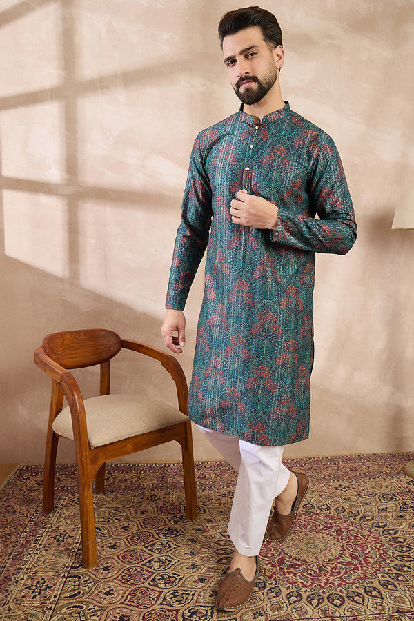 Blue Silk Blend Floral Printed Straight Kurta With Trouser MKSET1974