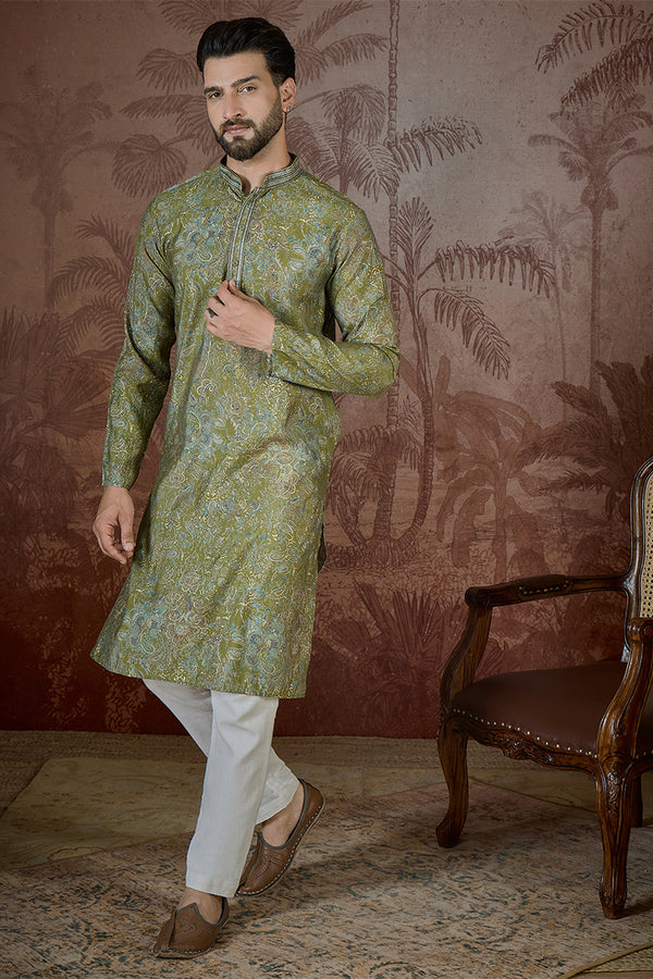 Green Silk Blend Ethnic Motifs Embroidered Kurta MKU2503