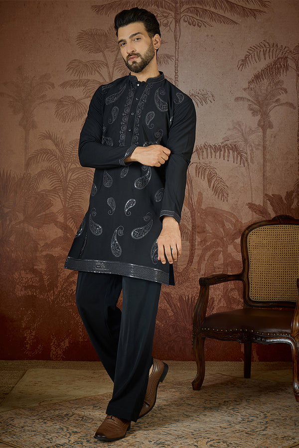 Black Silk Blend Solid Embroidered Kurta MKU2382