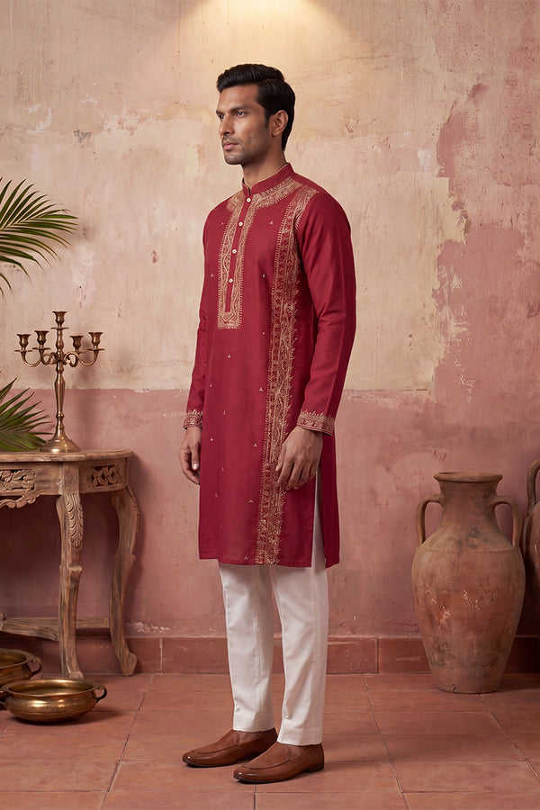 Red Silk Blend Solid Emboidered Straight Kurta With Trouser MKSET2314