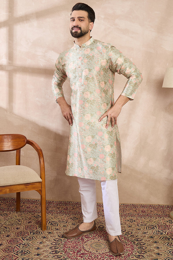 Green Silk Blend Floral Printed Straight Kurta MKU1968