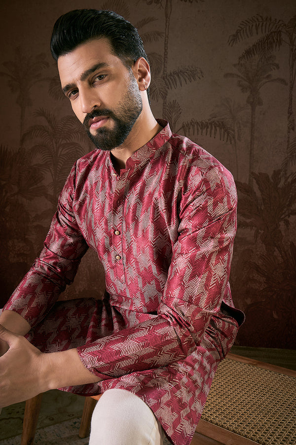 Maroon Silk Blend Chevron Printed Straight Kurta With Trouser MKSET1904