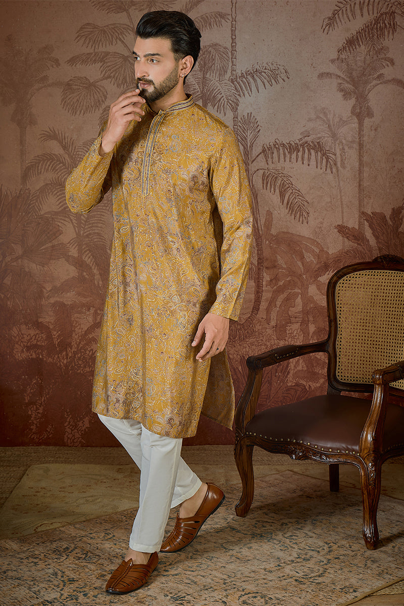 Mustard Silk Blend Ethnic Motifs Embroidered Kurta MKU2534